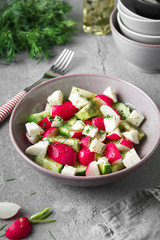 Radish, cucumber, kiwi, cheese and dill salad in a bowl on gray grunge concrete background. Seasonal Cooking, food styling.