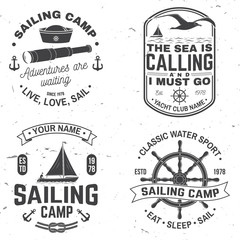 Obraz premium Set of summer sailing camp badge. Vector. Concept for shirt, print or tee. Vintage typography design with black sea anchors and rope knot silhouette. Best Sporting Activity