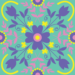 Seamless symmetrical floral pattern in folk art style
