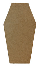 Cardboard coffin standing on end on white background.