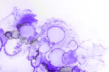 Violet alcohol ink texture with abstract washes and paint stains on the white paper background.	