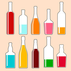 set of transparent bottles with alcoholic drinks, vector color illustrations.