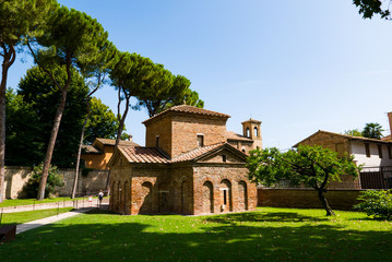 Fototapeta na wymiar Mausoleum of Galla Placidia, a chapel embellished with colorful mosaics in Ravenna. It has been designated as UNESCO World Heritage.