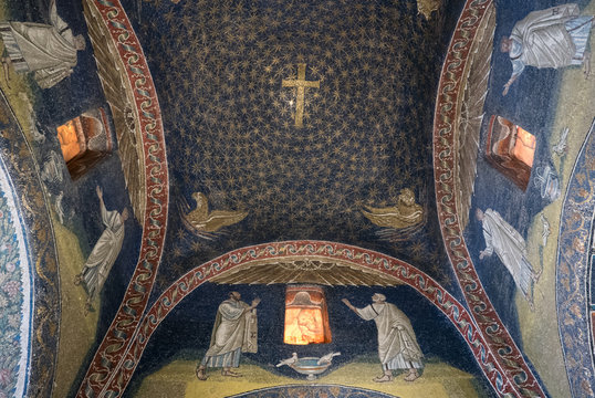 Interior of Mausoleum of Galla Placidia, a chapel embellished with colorful mosaics in Ravenna. It was designated as Unesco World Heritage.