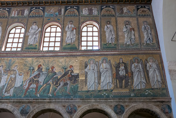Mosaics on the right side wall of the nave of the Basilica of Sant Apollinare Nuovo in Ravenna. Italy..