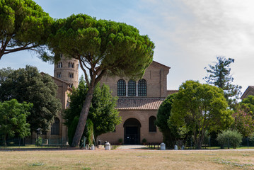 front view of the Basilica of Sant'Apollinare in Classe in Ravenna, Emilia-Romagna, Italy