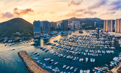 Beautiful sunset at Aberdeen Typhoon Shelters,hong kong