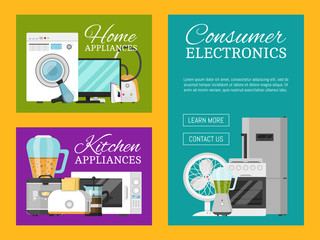 Electronic household appliances set of banners vector illustration. Kitchen and home equipment for house. Washing machine, vacuum cleaner, microwave oven, kettle, TV set, iron.