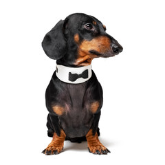 Portrait of cute dog, dachshund, black and tan, wearing  bow tie, isolated on white background.