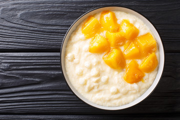 Sweet tapioca pudding with coconut milk and fresh mango close-up in a bowl. horizontal top view