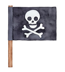 Fototapeta premium Black watercolour pirate flag with skull and crossbones silhouette, on thick wooden stick. Handdrawn water color sketchy painting on white, cutout stylish grungy clipart element for design decoration.