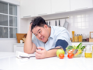Fototapeta na wymiar Asia fat man checking his pressure at home by self