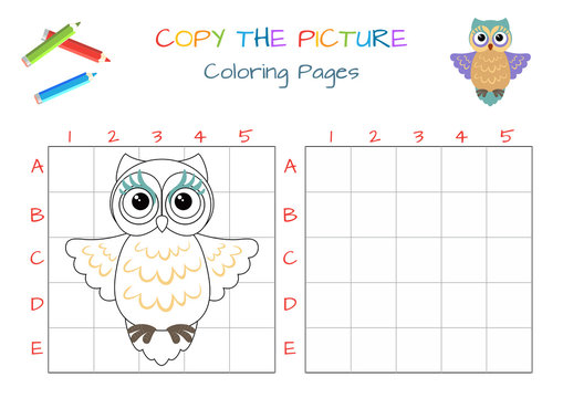 Funny little owl. Copy the picture. Coloring book. Educational game for children. Cartoon vector illustration