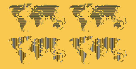 Fototapeta na wymiar Set of cartoon pictures of lines and stripes world map on yellow background. Can use for printing, website, presentation element, textile. Vector illustration.
