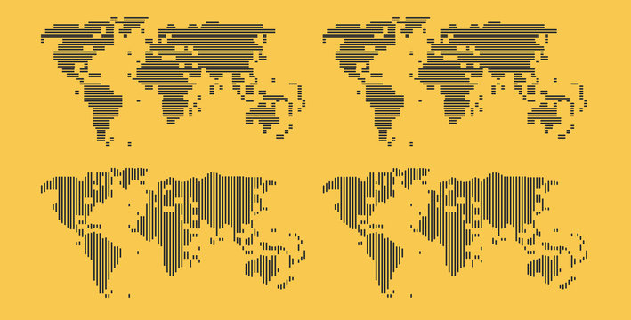 Set of cartoon pictures of lines and stripes world map on yellow background. Can use for printing, website, presentation element, textile. Vector illustration.