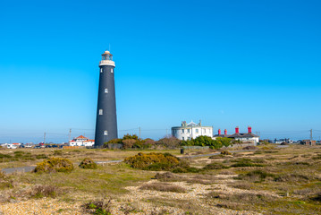 Fototapeta na wymiar The Old Lighthouse at Dungeness, Kent, UK opertaed from 1904 to 1960.