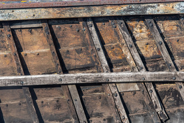 Inside of an old fishing boat at Dungeness, Kent. For use as a background.
