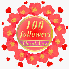 Bright followers background. 100 followers illustration with thank you on a ribbon.