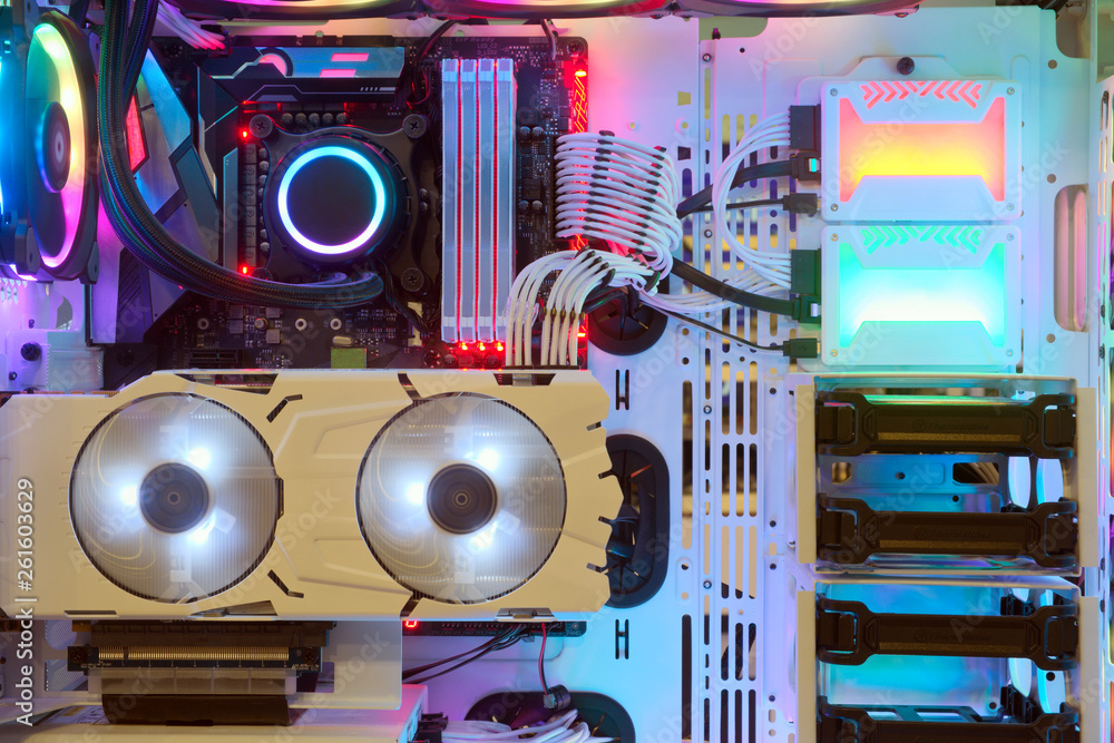Poster close-up and inside desktop pc gaming and cooling fan cpu with multicolored led rgb light show statu