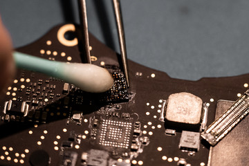 Close -up macro shot of circuit board from a laptop or smartphone