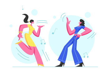 Couple of Excited Young Girls Dancing in Disco Party. Happy Female Characters Cheerfully Dance Moving Body in Music Rhythm. Happy Life Moments, Weekend Leisure Hobby. Cartoon Flat Vector Illustration