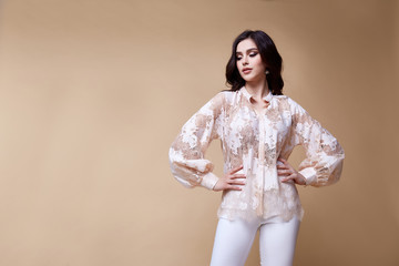 Sexy beautiful woman fashion glamour model brunette hair makeup wear silk blouse trousers clothes...