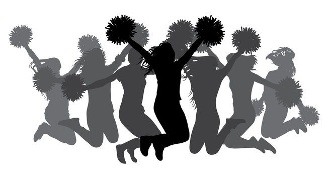 Jumping girls with pom-poms. Silhouettes of cheerleaders. Vector illustration