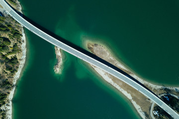 Bridge over Lake Sylvenstein is seen from the air