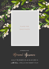 Newborn Child Greeting Card with Floral Elements. Baby Shower Template Photo Frame with Flowers. Wedding Invitation Save the Date Card with Wreath, Leaves. Vector illustration