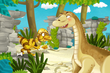 cartoon scene with dinosaur apatosaurus diplodocus with some other dinosaur in the jungle - illustration for children