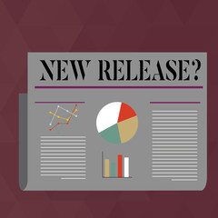 Handwriting text writing New Release Question. Conceptual photo asking about recent product or service newly unleashed Colorful Layout Design Plan of Text Line, Bar, Linear and Pie Chart Diagram