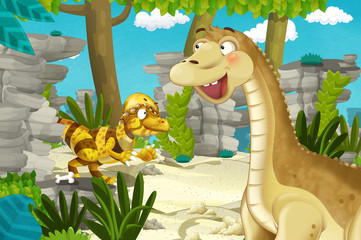 cartoon scene with dinosaur apatosaurus diplodocus with some other dinosaur in the jungle - illustration for children