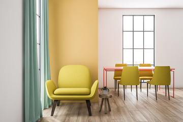 Naklejka na ściany i meble White and yellow dining room interior, armchair