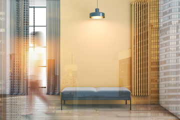 Woman walking in living room with bench