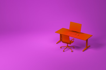 Red computer table and chair set on purple