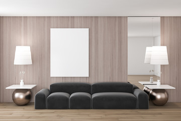 Wooden living room interior with poster