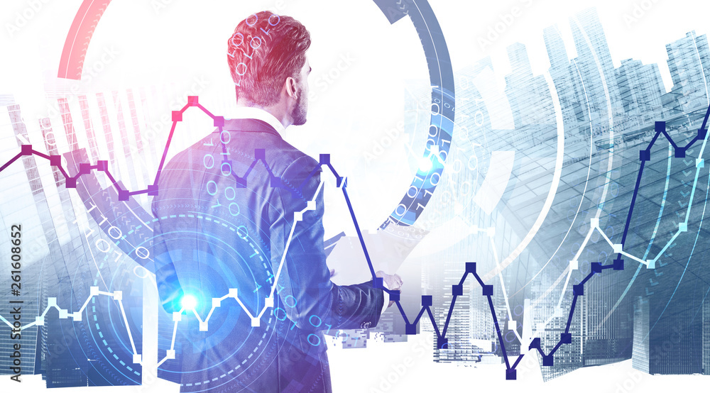 Poster man with documents, hud interface and graphs