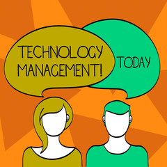 Word writing text Technology Management. Business photo showcasing integrated planning of technological products Blank Faces of Male and Female with Colorful Blank Speech Bubble Overlaying