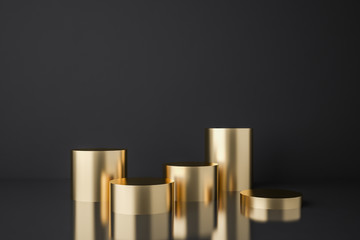 Gold empty showcase podiums over black