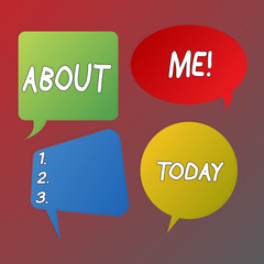 Handwriting text About Me. Conceptual photo telling someone list of your good and bad properties Blank Speech Bubble Sticker in Different Shapes and Color for Multiple Chat