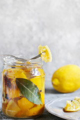 salted canned lemons. Preserved lemons with salt. Moroccan cuisine. ferment