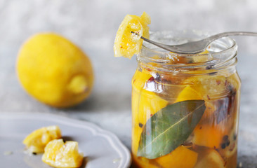salted canned lemons. Preserved lemons with salt. Moroccan cuisine. ferment