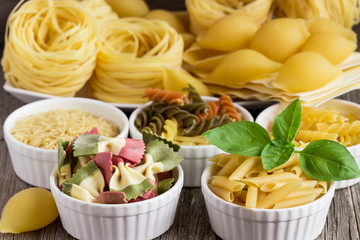Different of types and shapes of  Italian  of pasta.