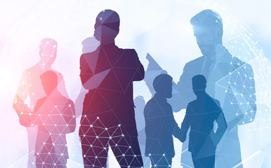 Business people silhouettes, global world