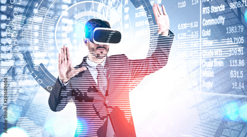 Poster man in vr headset working with stock exchange chart