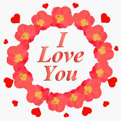 I love you background. Background with pink flowers. Card for celebrations. Bright backdrop with flowers. Background with english language.