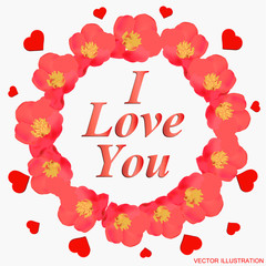 Background with pink flowers. Card for celebrations. Bright backdrop with flowers. Background with english language.