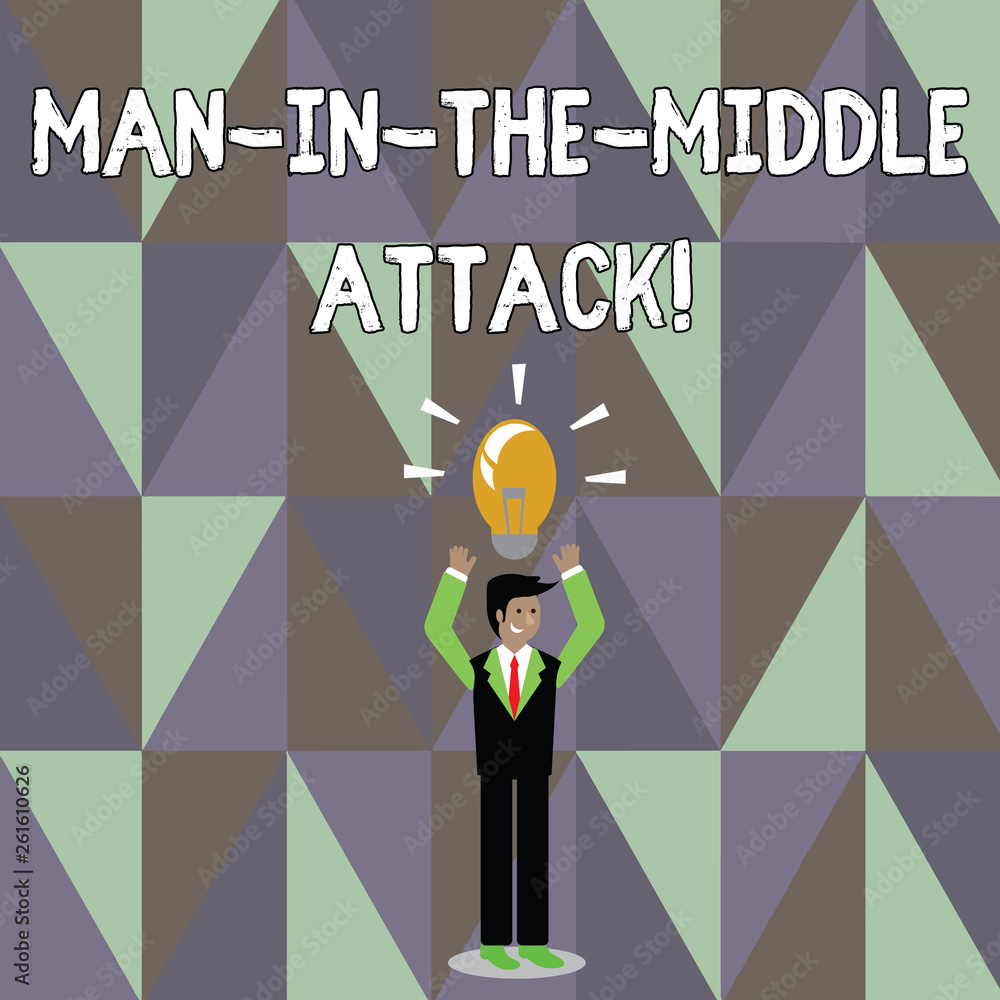 Poster word writing text man in the middle attack. business photo showcasing communication between two user