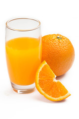 closeup of glass with orange juice, isolated on white background
