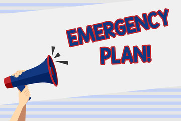 Fototapeta na wymiar Writing note showing Emergency Plan. Business concept for actions developed to mitigate damage of potential events Human Hand Holding Megaphone with Sound Icon and Text Space